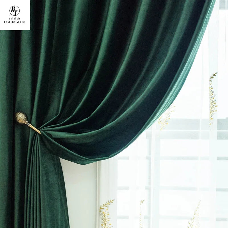 Luxury Dark Green Velvet Curtains - 80% Blackout