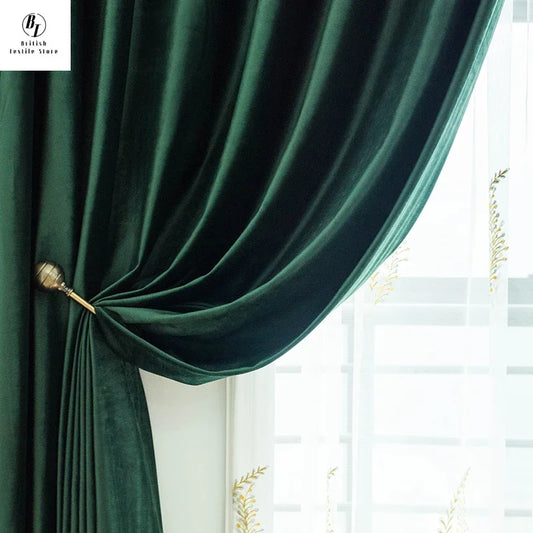 Luxury Dark Green Velvet Curtains - 80% Blackout